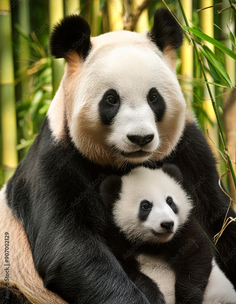retrato de un bonito oso panda con su cria retrato de un bonito oso panda con su cria