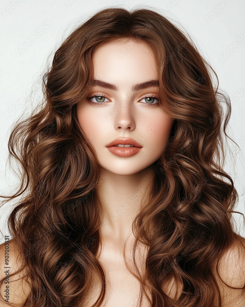 Beautiful brunette model girl with long curly hair . woman hairstyle wavy curls . Fashion , beauty and makeup portrait