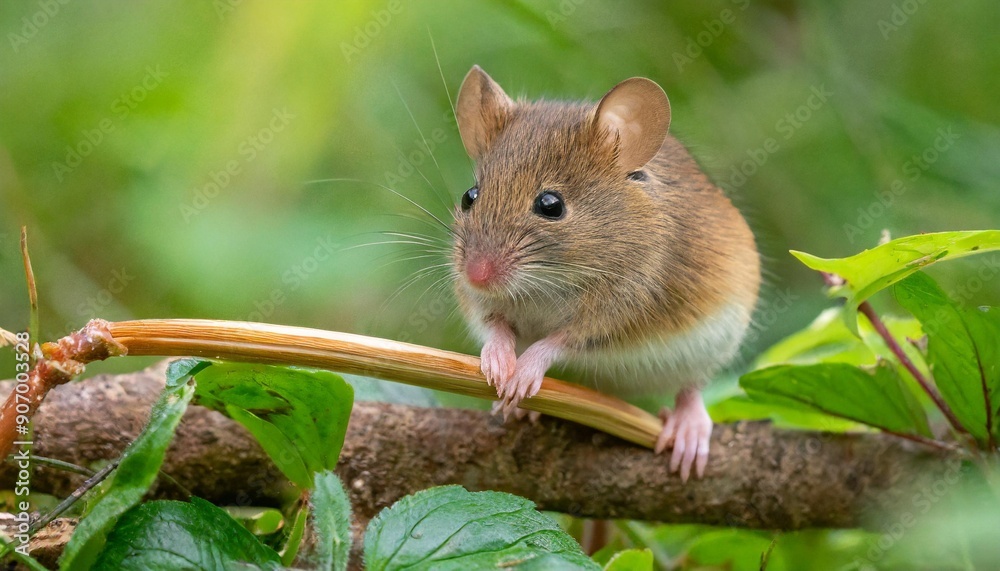 Wild Wood mouse resting on a stick on the forest floor with lush green vegetation Wild Wood mouse resting on a stick on the forest floor with lush green vegetation