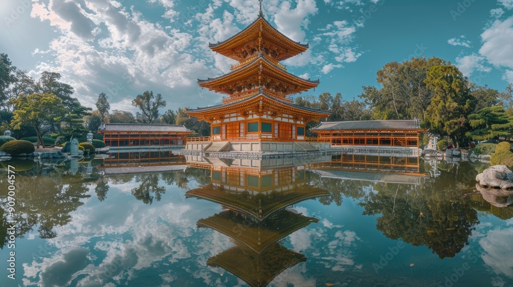 Obraz premium A stunning image capturing a traditional Japanese pagoda with intricate architecture, surrounded by a serene reflective pond and lush greenery under a clear blue sky