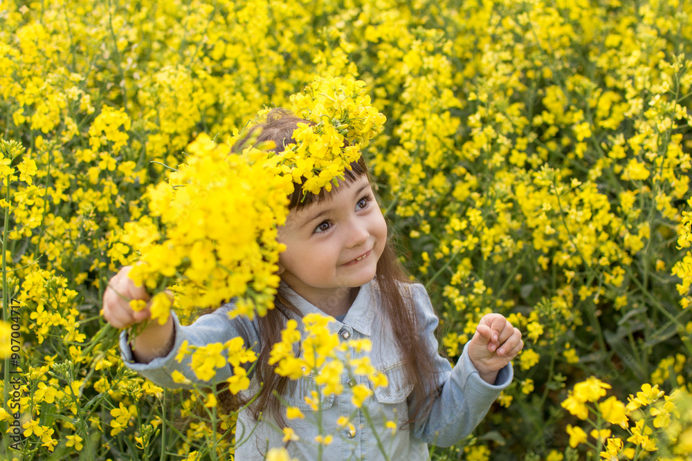 little girl in a field of blooming yellow flowers. girl with yellow rapeseed flowers little girl in a field of blooming yellow flowers. girl with yellow rapeseed flowers