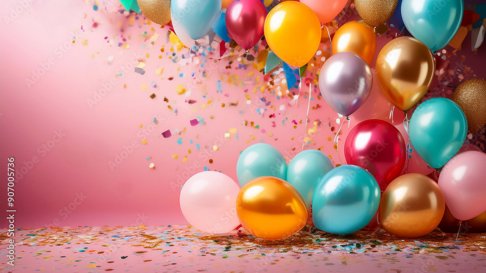 Colorful balloons and confetti against a pink background, celebrating a festive occasion. The vibrant colors and cheerful decor enhance the joyous atmosphere Colorful balloons and confetti against a pink background, celebrating a festive occasion. The vibrant colors and cheerful decor enhance the joyous atmosphere