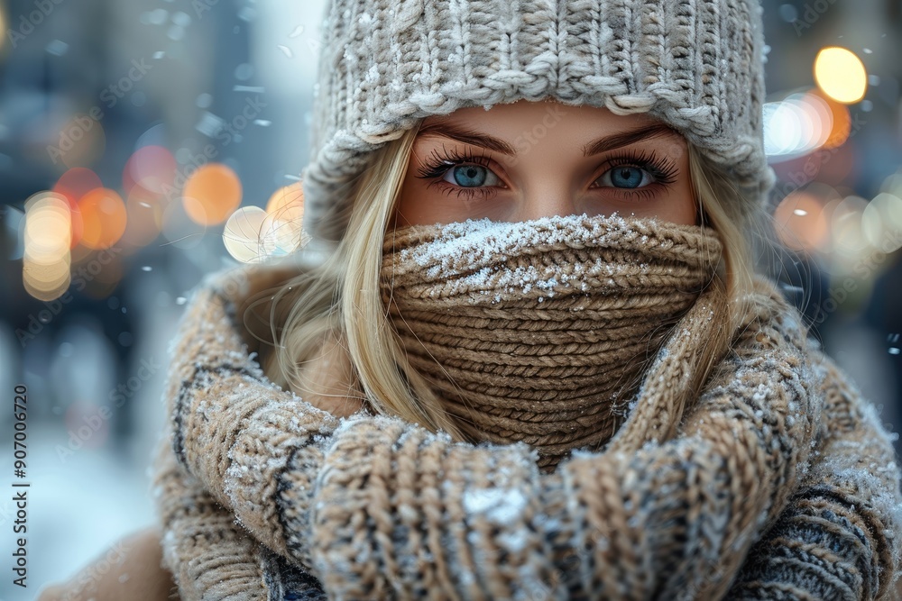 A young woman wearing a knit beanie and scarf, with snow gently falling around her, epitomizes the cold and serene beauty of winter in a bustling cityscape A young woman wearing a knit beanie and scarf, with snow gently falling around her, epitomizes the cold and serene beauty of winter in a bustling cityscape