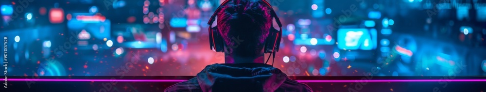 Fototapeta premium Neon-Lit Gaming Arena: The Intense Focus of a Player Engaged in an Online Battle on a Computer, Immersed in the Digital Realm of Competitive Play