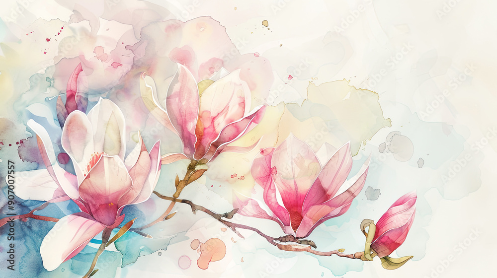 Watercolor magnolias detailing with fine brushes, intricate patterns and vibrant hues, light background Watercolor magnolias detailing with fine brushes, intricate patterns and vibrant hues, light background