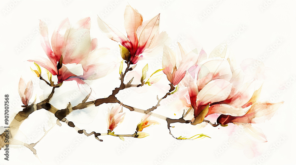Watercolor magnolias in dry brush style, bold and striking colors, lively and cheerful, clean white background Watercolor magnolias in dry brush style, bold and striking colors, lively and cheerful, clean white background
