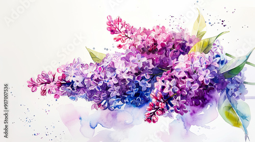 Watercolor lilacs in wet-on-wet style, vibrant spring colors blending softly, white background