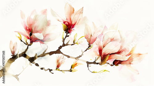 Watercolor magnolias in dry brush style, bold and striking colors, lively and cheerful, clean white background