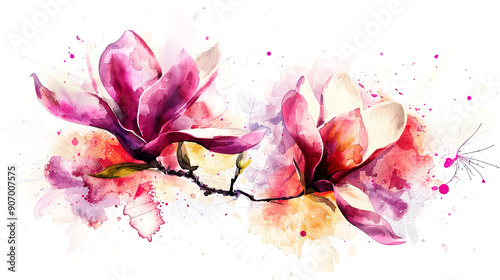 Watercolor magnolias in dry brush style, bold and striking colors, lively and cheerful, clean white background