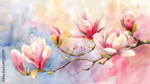 Watercolor magnolias in dry brush style, bold and striking strokes, vibrant spring colors, clean background
