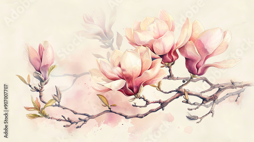 Watercolor magnolias in wet-on-dry style, delicate and detailed, bright pastel shades, light beige background
