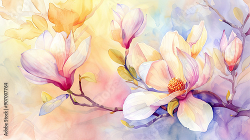 Watercolor magnolias in wet-on-dry style, detailed petals in vibrant spring colors, pastel background