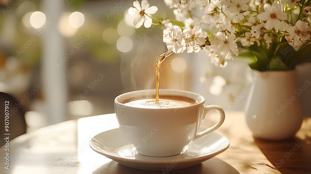 White cup being filled with fresh coffee, cozy cafe with a serene atmosphere White cup being filled with fresh coffee, cozy cafe with a serene atmosphere