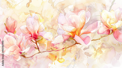 Watercolor magnolias in wet-on-wet style, soft blending of pinks and yellows, white background