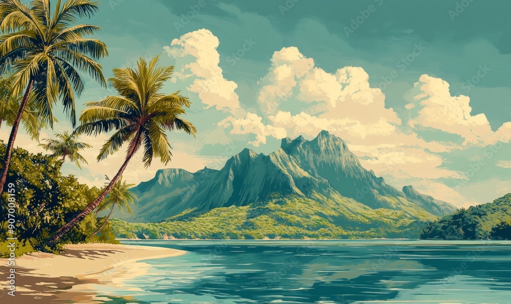 custom made wallpaper toronto digitalVintage illustration of French Polynesia tropical islands with palm trees, Generative AI