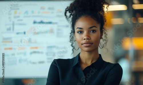 Diverse Office Conference Room Meeting: Successful Black Female. Whiteboard with Big Data Analysis, Generative AI