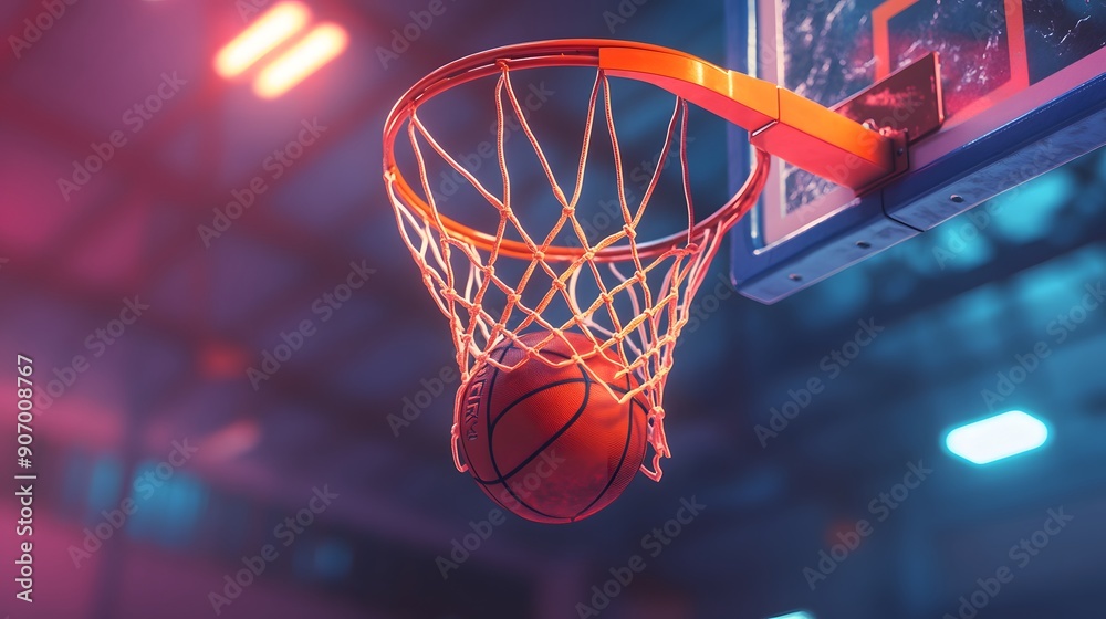 Capture the moment a basketball scores a basket, going through the hoop and making a swish in the net. The background shows a vibrant gym setting. Capture the moment a basketball scores a basket, going through the hoop and making a swish in the net. The background shows a vibrant gym setting.