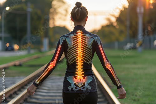 Digital Composite Art of Human Anatomy Highlighting Injured Bones Along Railway Tracks at Sunset