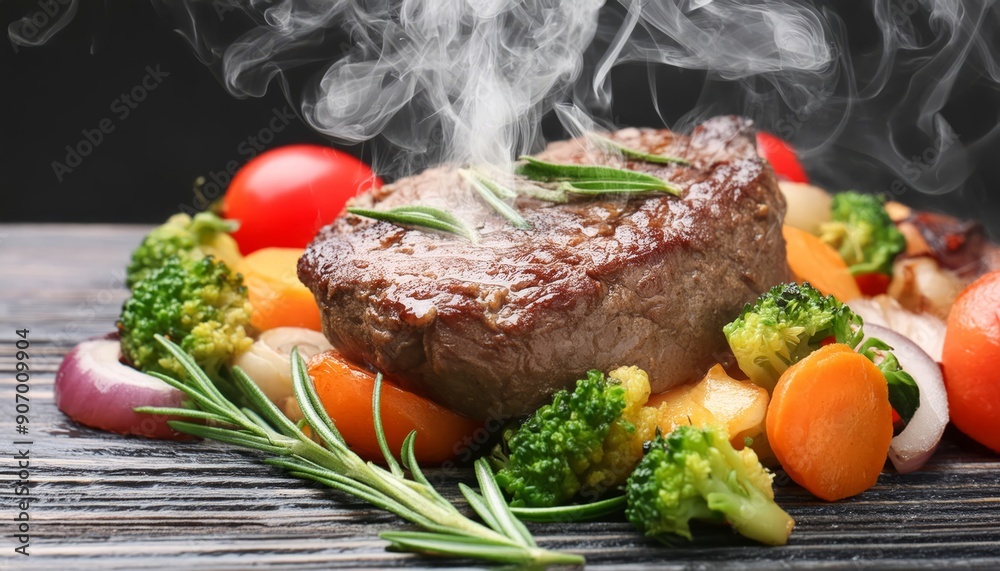 Smoked grilled meat with vegetables ready to serve, cooking, kitchen, restaurant, delicious, tasty, food, cuisine Smoked grilled meat with vegetables ready to serve, cooking, kitchen, restaurant, delicious, tasty, food, cuisine