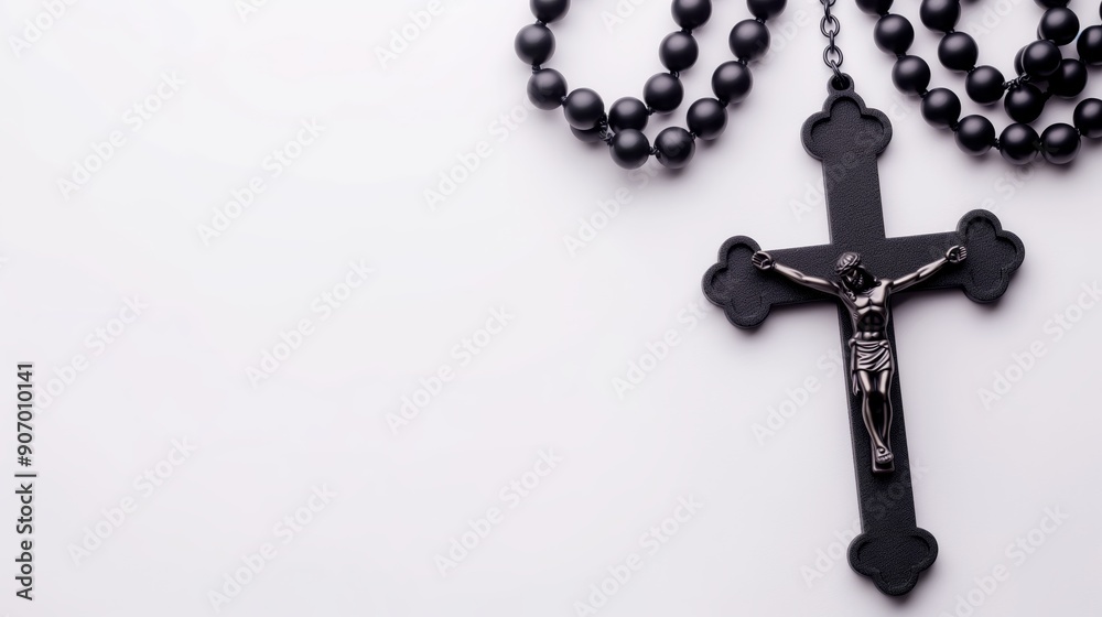 A black cross with rosaries and a crucifix on a white background with an empty copy space for the text A black cross with rosaries and a crucifix on a white background with an empty copy space for the text