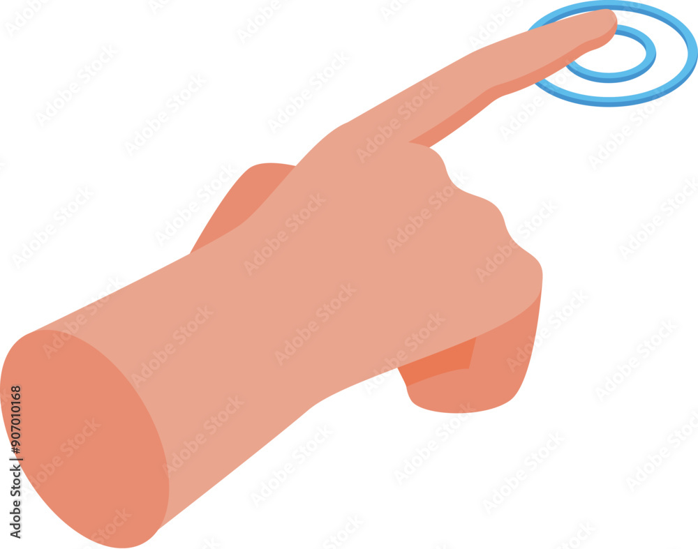 Hand is touching a virtual button with its index finger in an isometric style Hand is touching a virtual button with its index finger in an isometric style