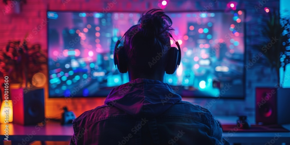 Obraz premium Neon-Lit Gaming Arena: The Intense Focus of a Player Engaged in an Online Battle on a Computer, Immersed in the Digital Realm of Competitive Play