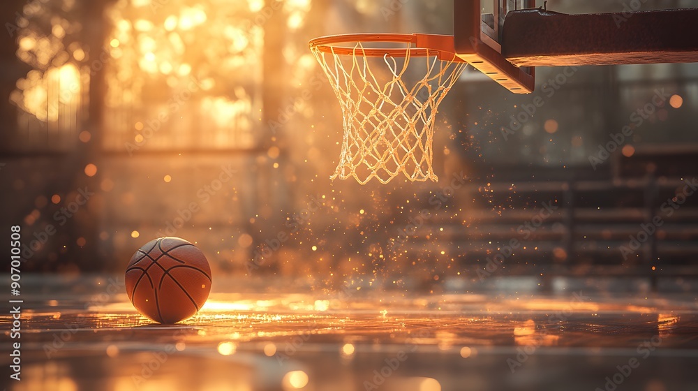 Portray a basketball making a perfect swish through the hoop, with the net fully extended and the court in the background. Portray a basketball making a perfect swish through the hoop, with the net fully extended and the court in the background.