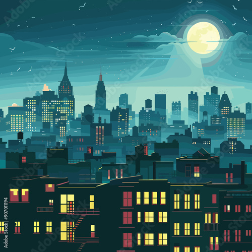 Nighttime cityscape vector illustration skyscrapers, full moon, illuminated windows. Urban skyline digital drawing featuring buildings, city lights, cloudy night sky. No people, architectural