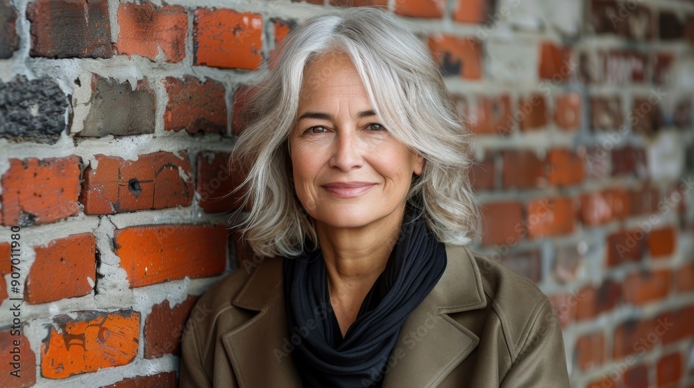 Elegant middle-aged woman with silver hair and a warm smile poses confidently against a rustic brick wall, showcasing timeless beauty and style Elegant middle-aged woman with silver hair and a warm smile poses confidently against a rustic brick wall, showcasing timeless beauty and style