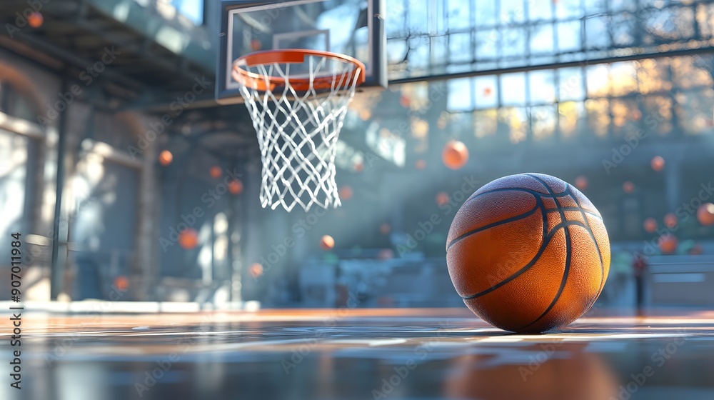 Show a basketball making a perfect swish through the hoop, with the net fully extended and the gym environment in the background. Show a basketball making a perfect swish through the hoop, with the net fully extended and the gym environment in the background.