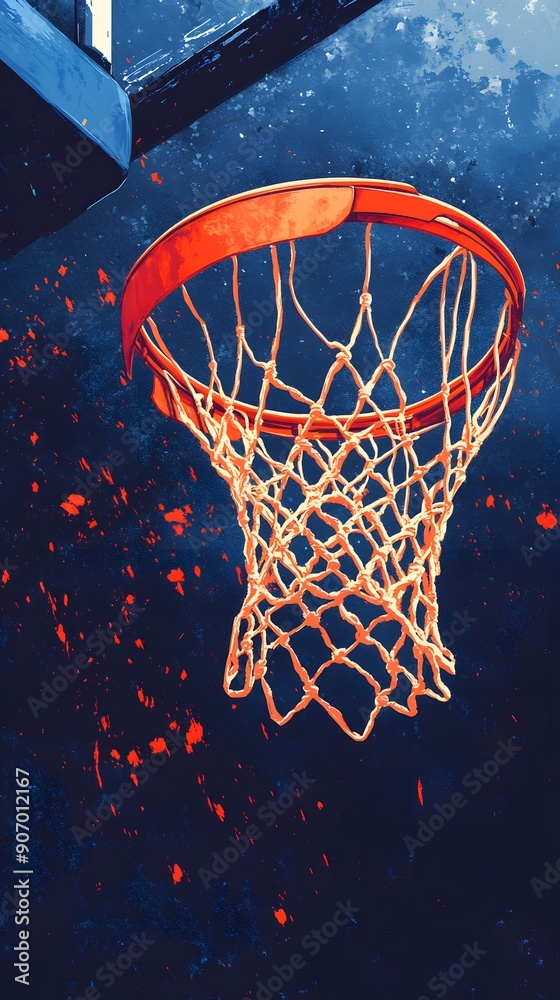 Illustrate a basketball scoring a basket, with the net dynamically reacting and the court details in the background. Illustrate a basketball scoring a basket, with the net dynamically reacting and the court details in the background.