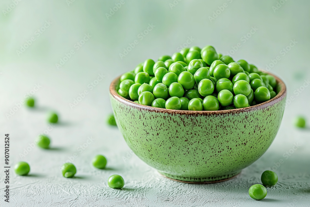 Bowl with fresh green peas on color background 