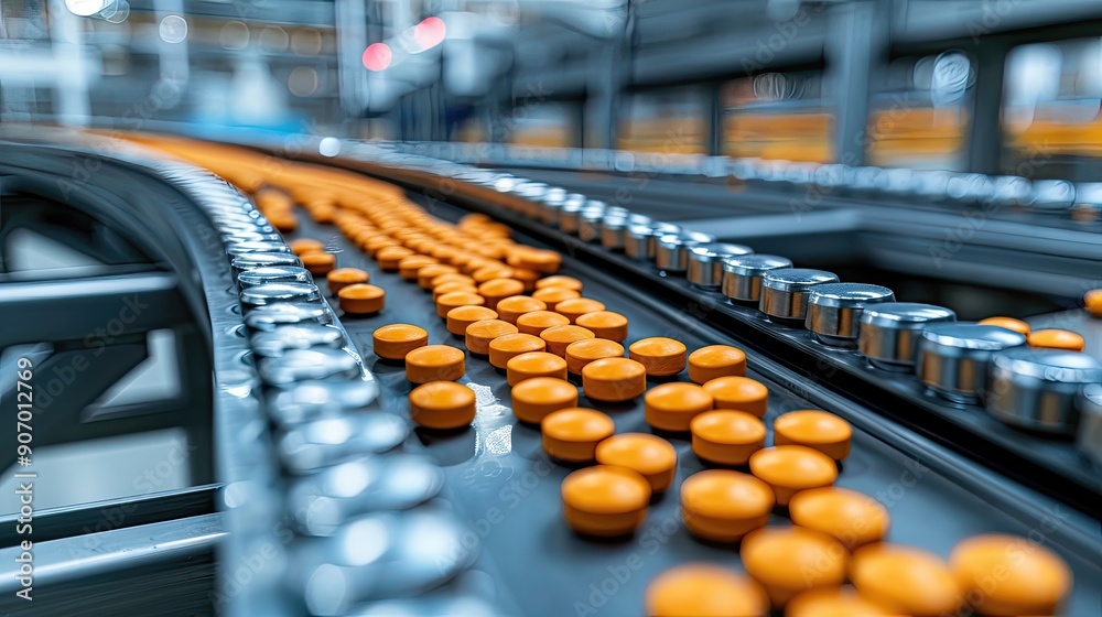 Fototapeta premium A conveyor belt with orange pills on it