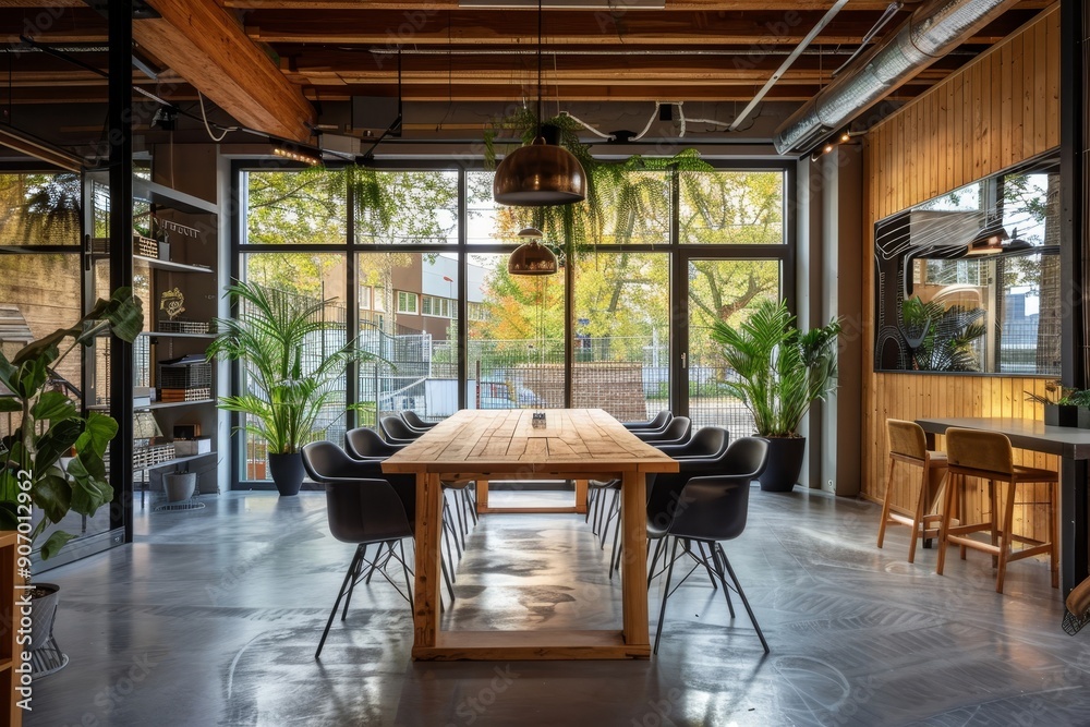 Fototapeta premium Wooden office interior with conference and coworking spaces, window. Copy space, Generative AI