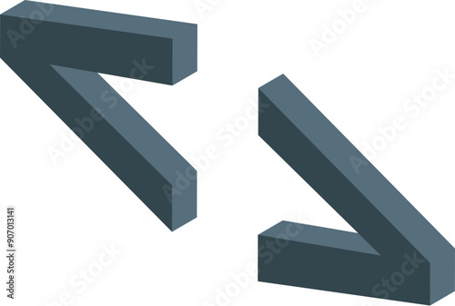 Pair of blue less than and greater than signs in 3d isometric style on white background