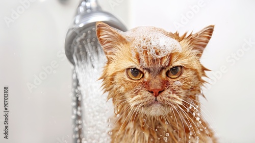 A cat is standing under a shower head and appears to be unhappy