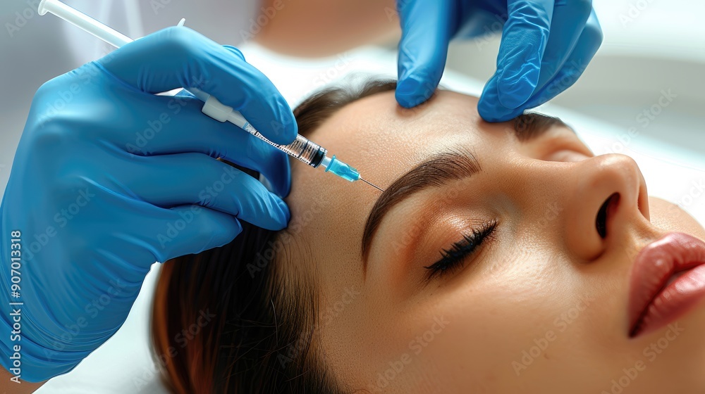A woman is getting a shot in her face A woman is getting a shot in her face