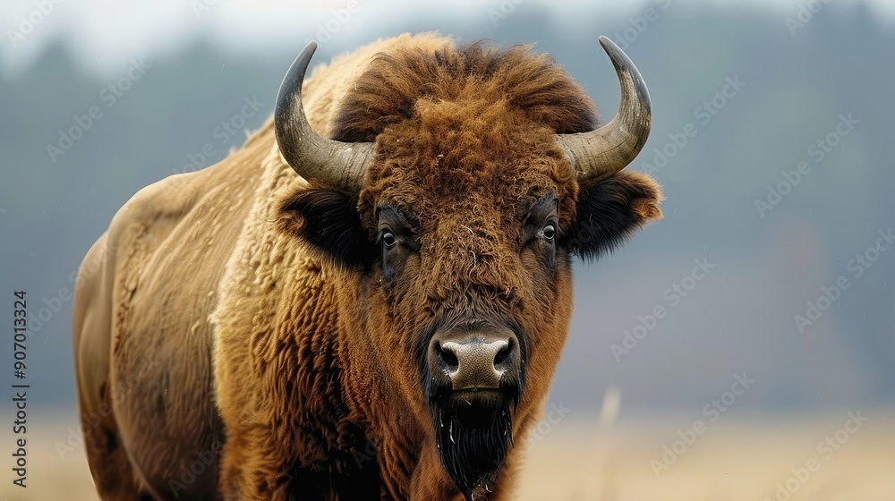 A buffalo with large horns is standing in a field A buffalo with large horns is standing in a field