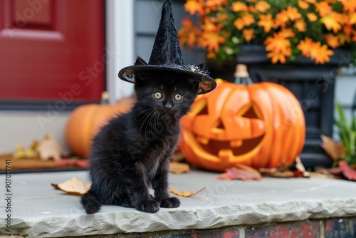 A black cat in a Halloween costume sits on the steps of a house decorated for the holiday