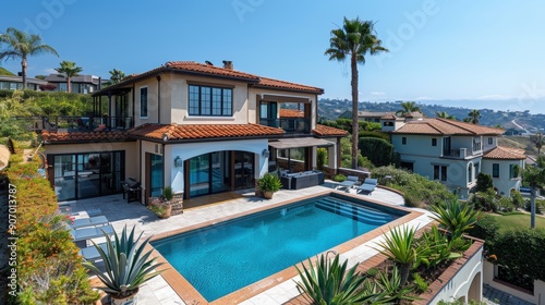 Luxurious two-story Mediterranean-style home with an expansive swimming pool and scenic landscaping, located in an upscale suburban neighborhood with stunning views