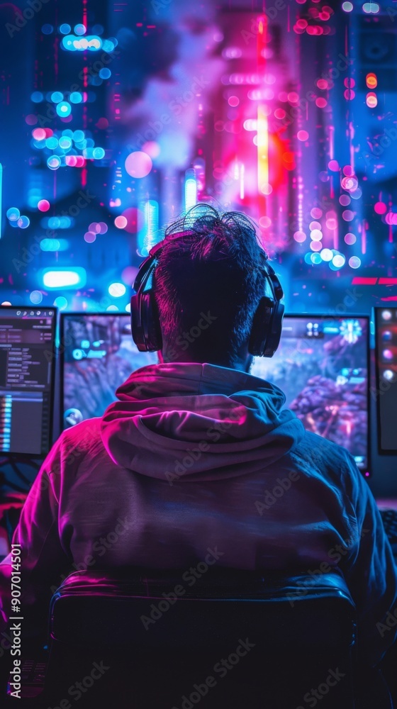 Obraz premium Neon-Lit Gaming Arena: The Intense Focus of a Player Engaged in an Online Battle on a Computer, Immersed in the Digital Realm of Competitive Play