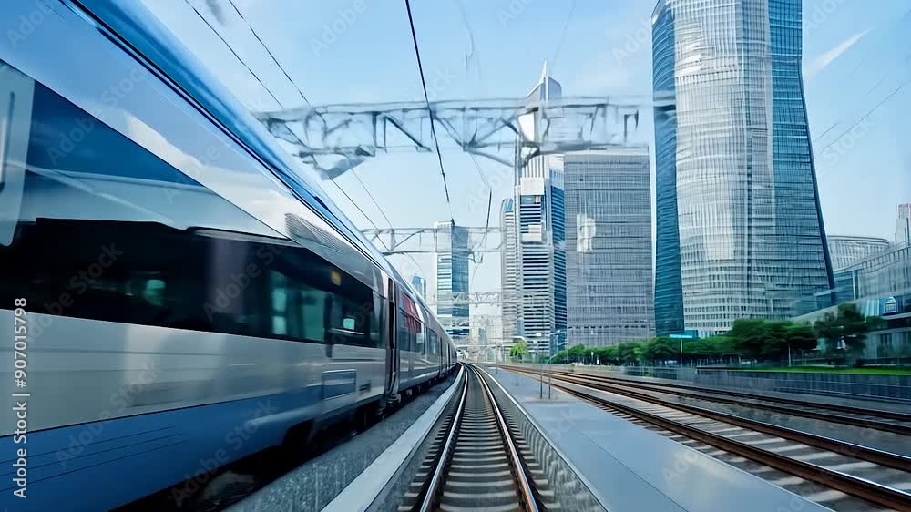 The fast pace of life in a modern business community: a high-speed train rushes past the business district of a large city. 24 fps 1280x720 footage