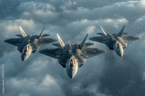 Three advanced military fighter jets flying in formation above the clouds, showcasing cutting-edge aeronautical technology and precision in a stunning aerial display
