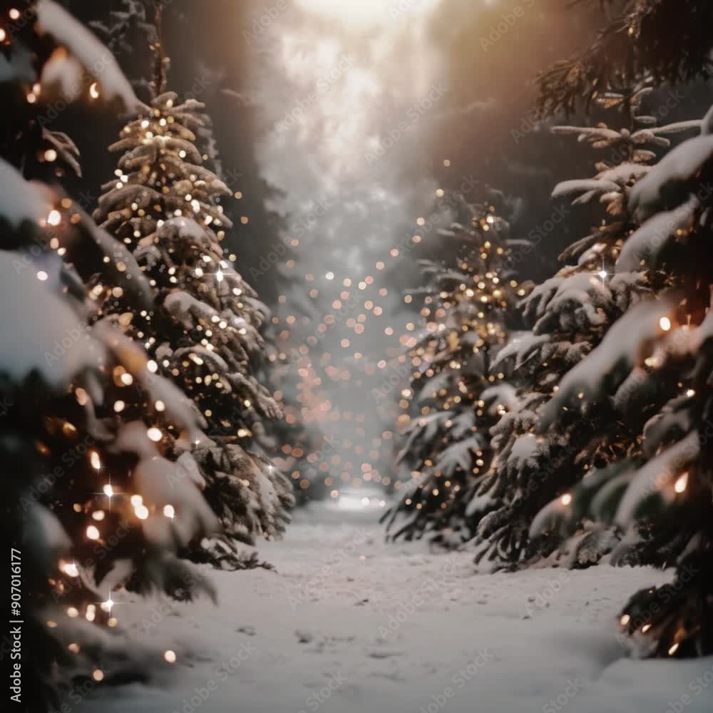 A beautiful outdoor winter scene with snow on the ground in a forest with golden christmas lights sparkling for a nature background photo for an ad or card created using AI.