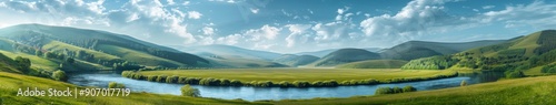 Sweeping Panorama of a River Surrounded by Lush Green Mountains on a Sunny Day, Embracing Nature's Serene Grandeur