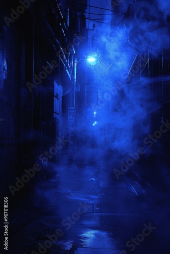 Neon lights illuminate an empty street against a dark blue background, with rising smoke adding