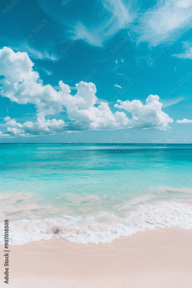 Obraz premium Pristine beach, azure waters, and a cloudless sky in an photo, with ample copy space for travel