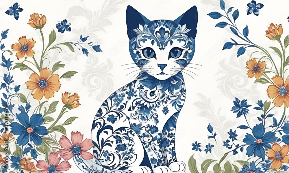 Cat and flowers watercolor design Cat and flowers watercolor design