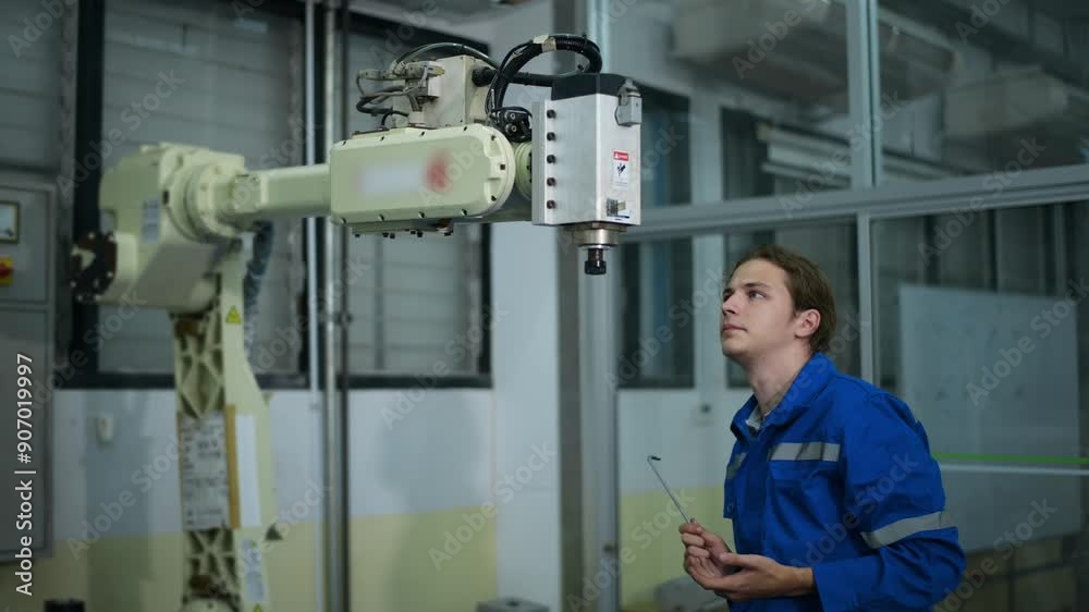 Male Robotics engineer working with Programming and Manipulating Robot Hand Male Robotics engineer working with Programming and Manipulating Robot Hand