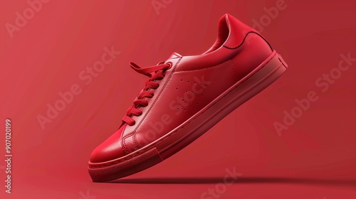 Flying red leather sneaker on a color background Fashionable stylish sports casual shoes Creative minimalistic layout with footwear Mockup for design advertising for shoe store